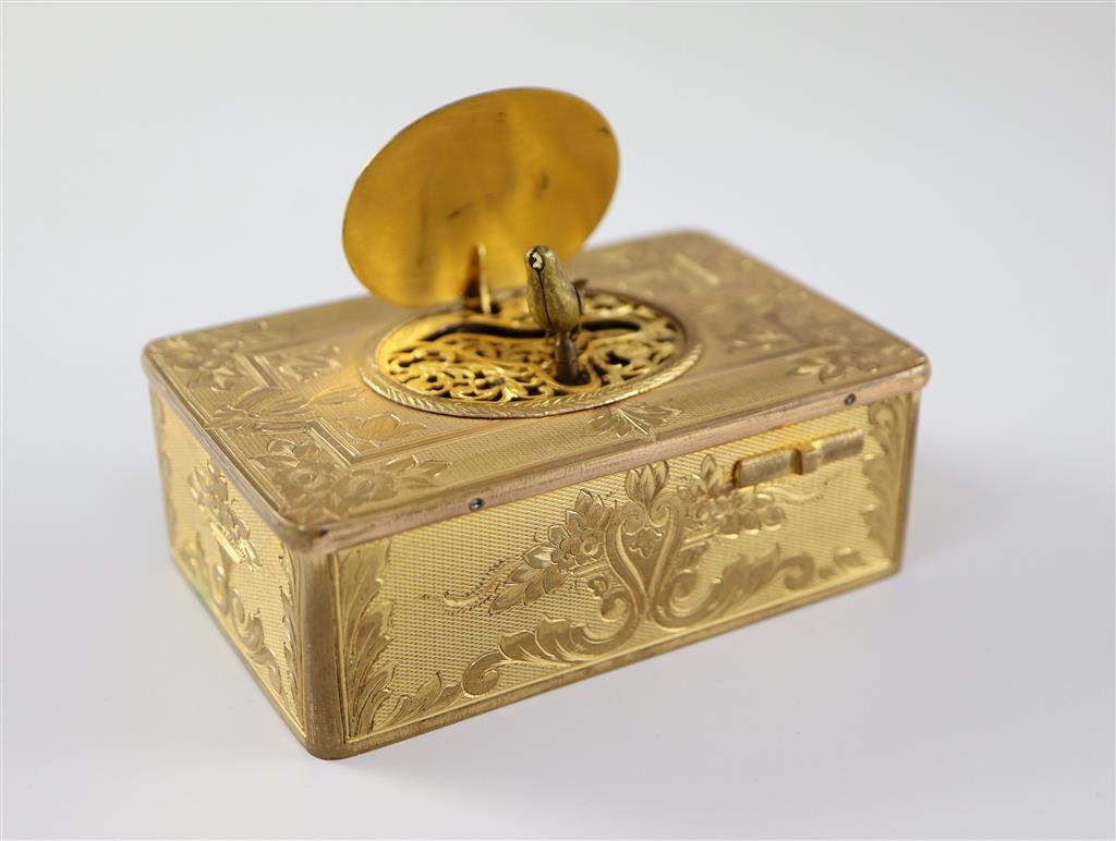 A late 19th century Swiss ormolu singing bird box, width 3.75in. depth 2.5in. height 1.25in.